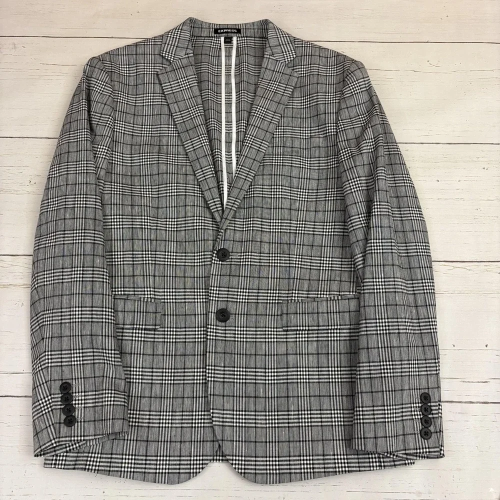 Express Blazer Men Unstructured 38S Gray Glen Plaid Linen Blend Extra Slim Fit